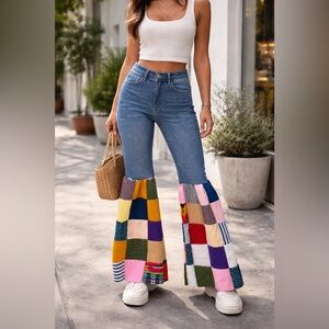 Upcycled boho JUDY BLUE jeans with patchwork flared bottoms.